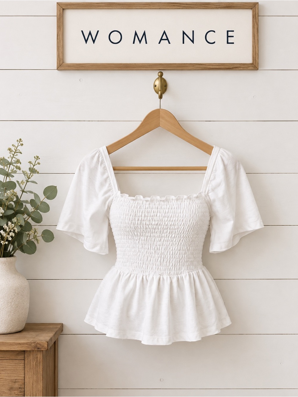 WOMANCE White Smocked Peplum Top Size M